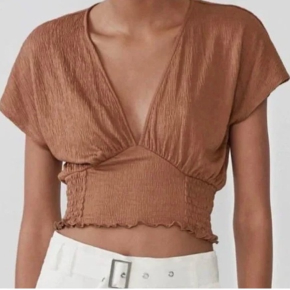 Zara Vneck Stetch Brown Crop Top - Picture 2 of 5